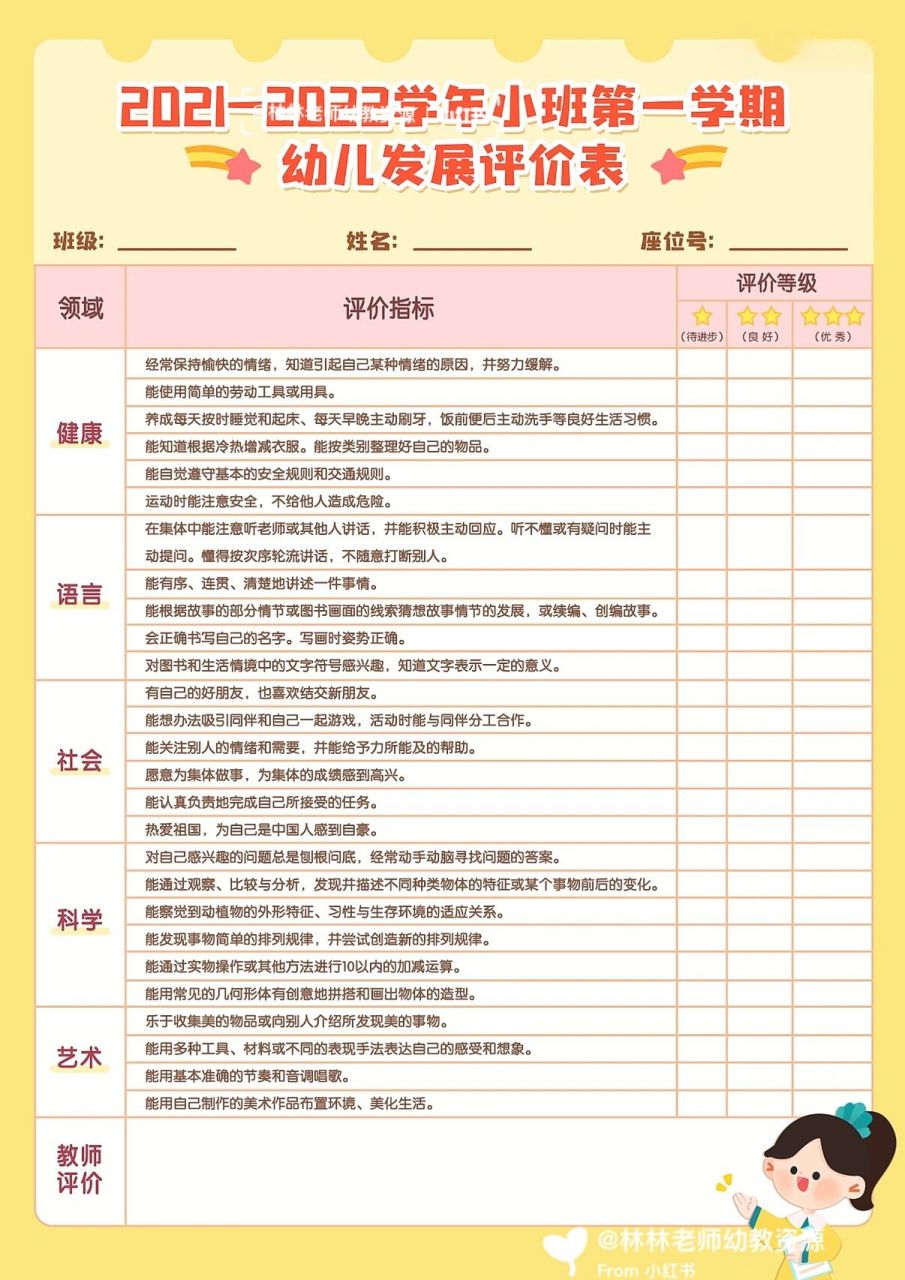 幼儿园|小班 第一学期 幼儿发展评价表