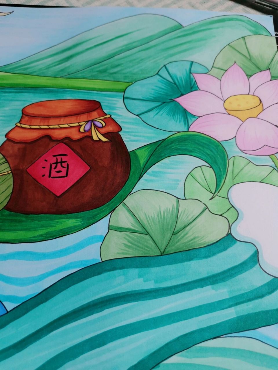 【端午节主题儿童画】 纸:荷兰白卡8k 笔:法卡勒马克笔 好久没画画了