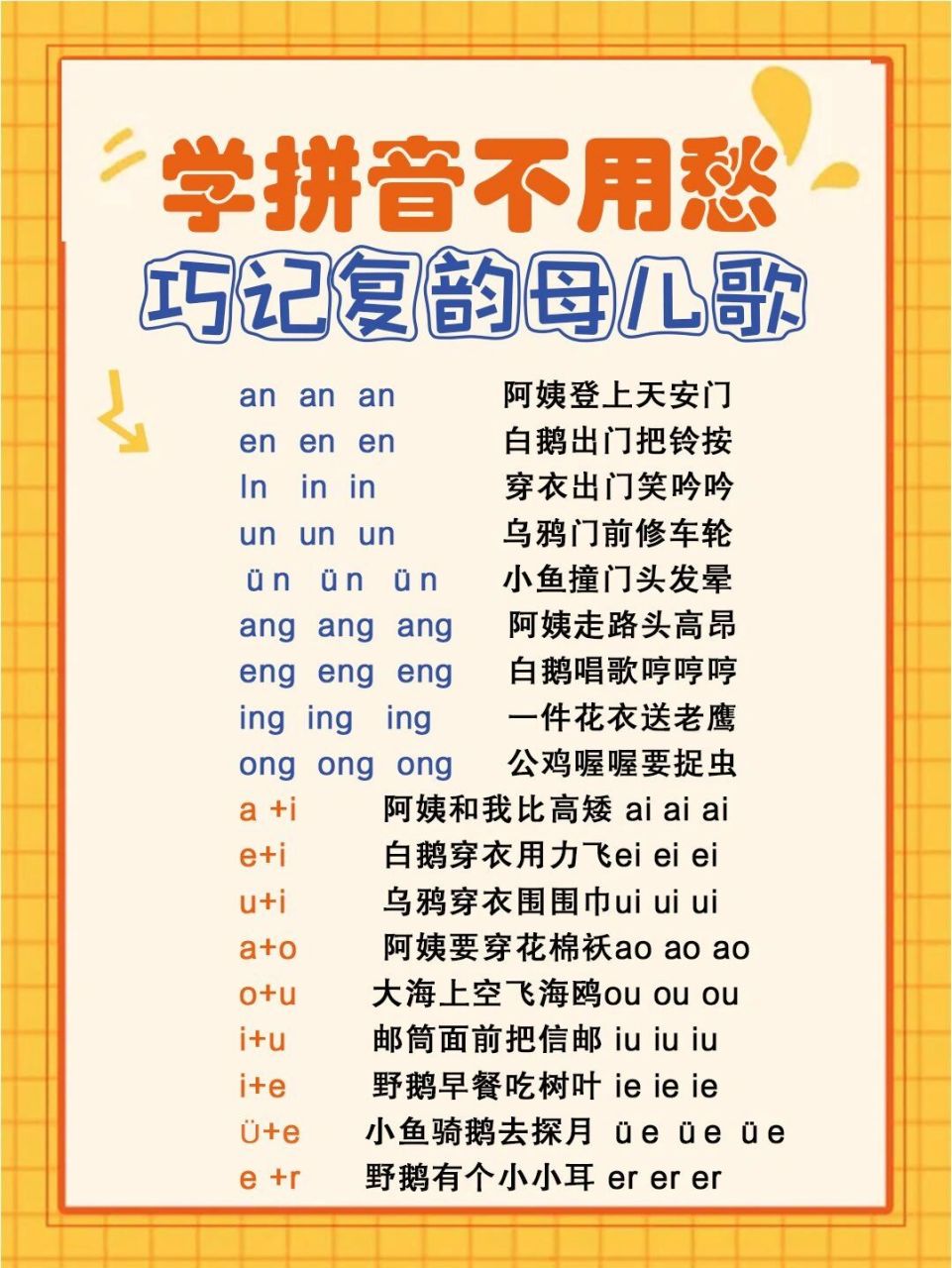 孩子拼音韵母学习难题 949797这个拼音复韵母口诀简直太好用了