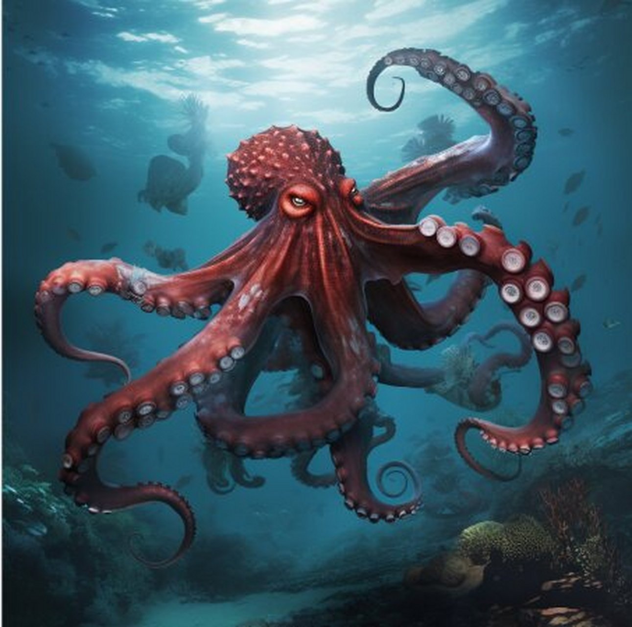 巨型章鱼-【问心一语】 巨型章鱼是深海中的大型动物,身体庞大且力量
