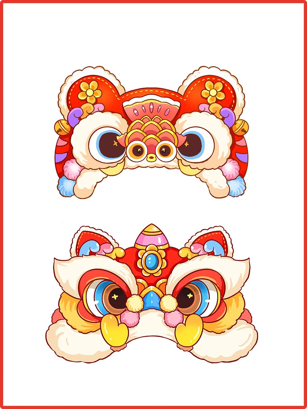 新年元旦醒狮舞狮狮子头丨贴纸免扣素材 醒狮元素是春节龙年新年必不