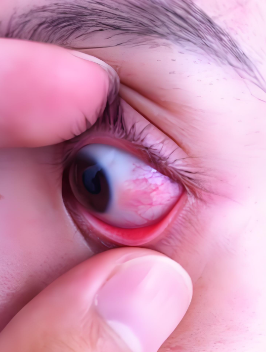 出现一块红,常见原因有两种:过敏性结膜炎和细菌性角膜炎