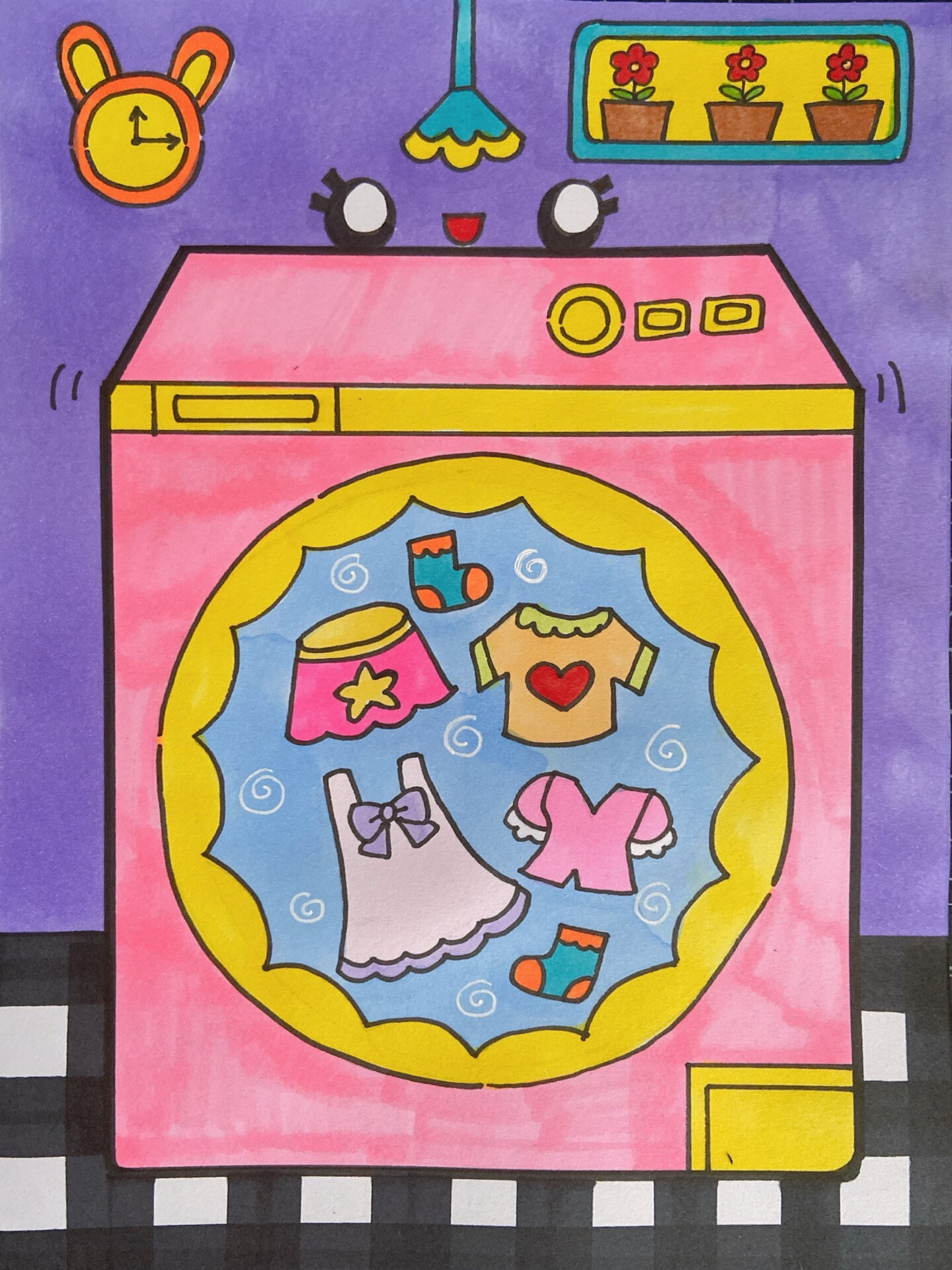 洗衣机儿童画简笔画卡通家电小帮手马克笔