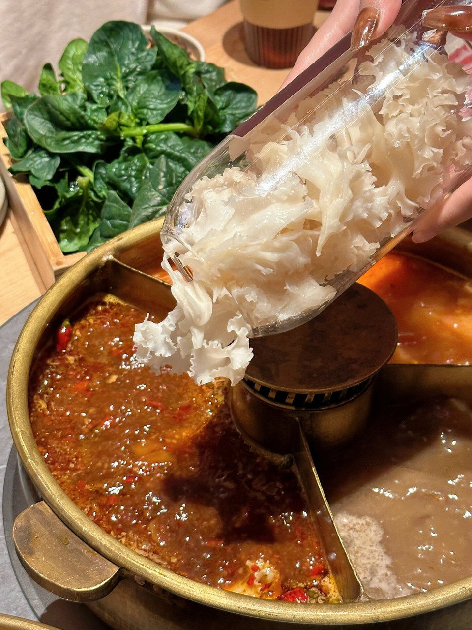 又漂亮又好吃的绣球菌!下在火锅的辣锅里!口感好棒!