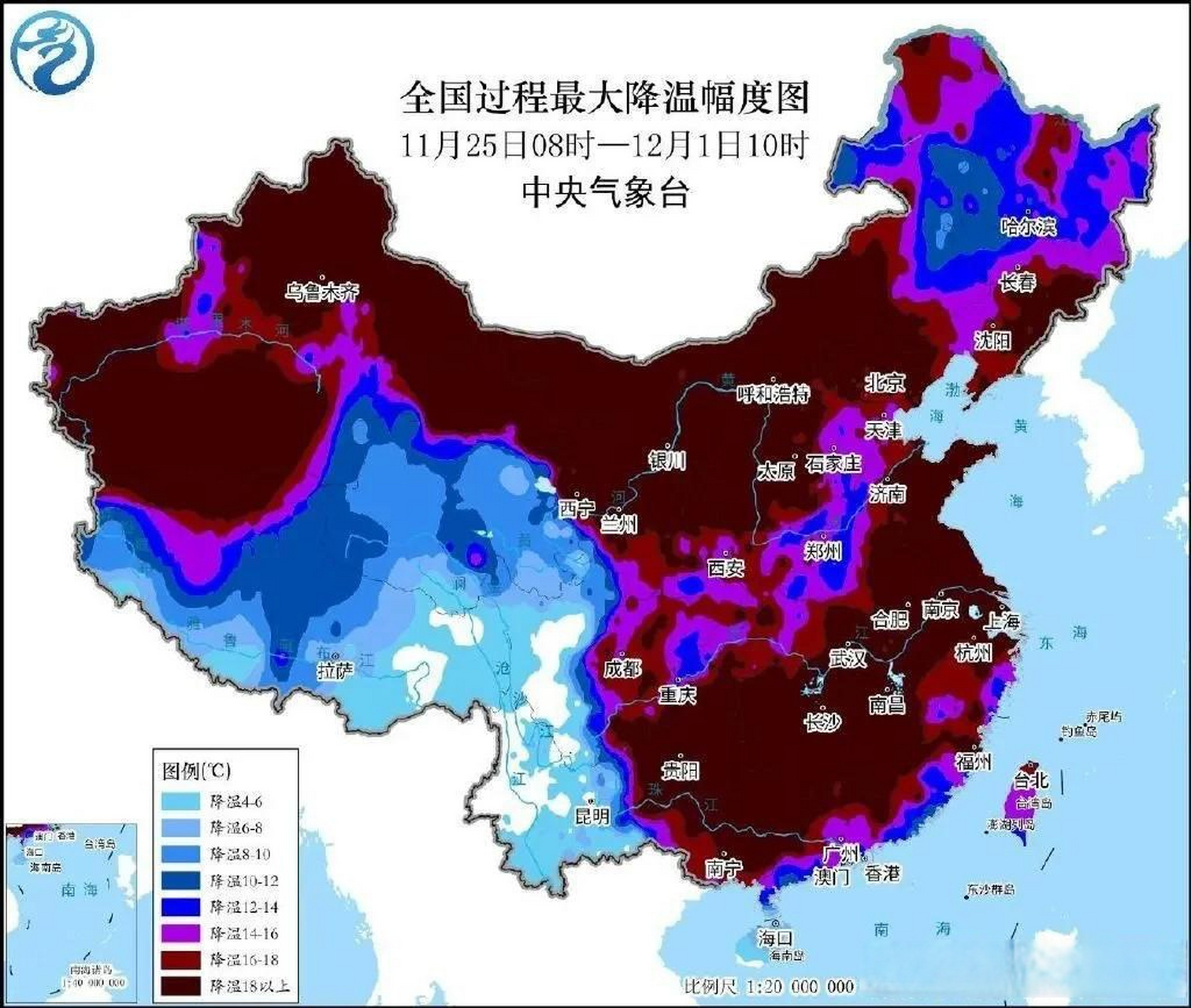 中央气象台发布了本次寒潮的累计降温幅度分布图,可以看到我国近一半
