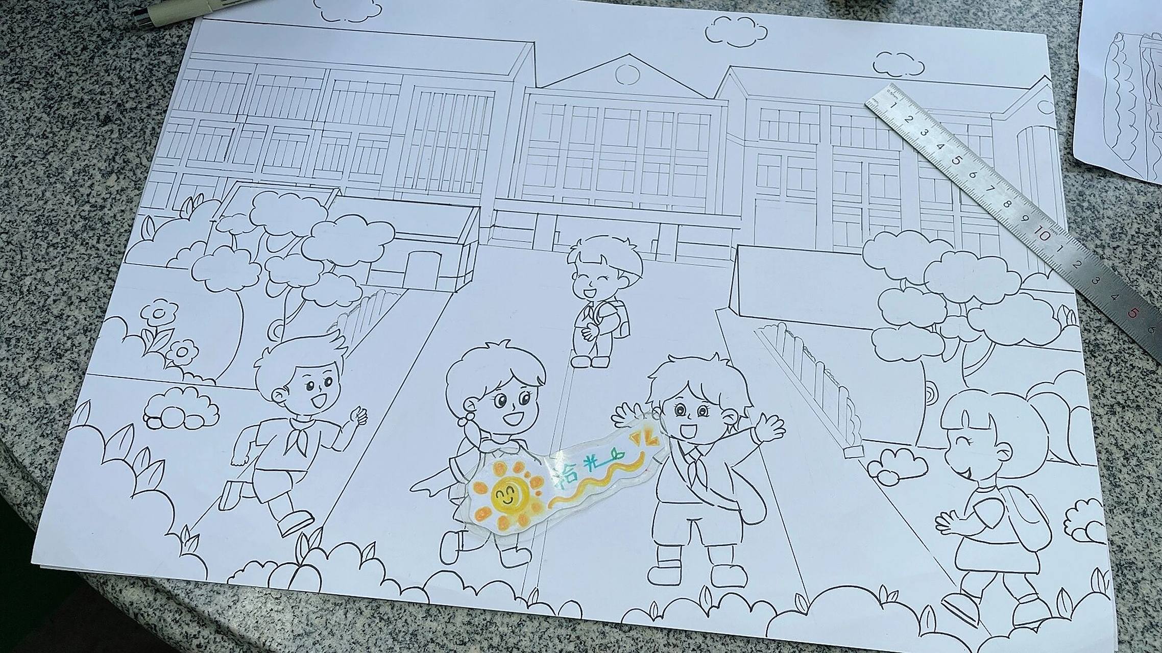 我的学校93主题绘画 #代画# #线稿# #我的学校主题画##爱学校主题画