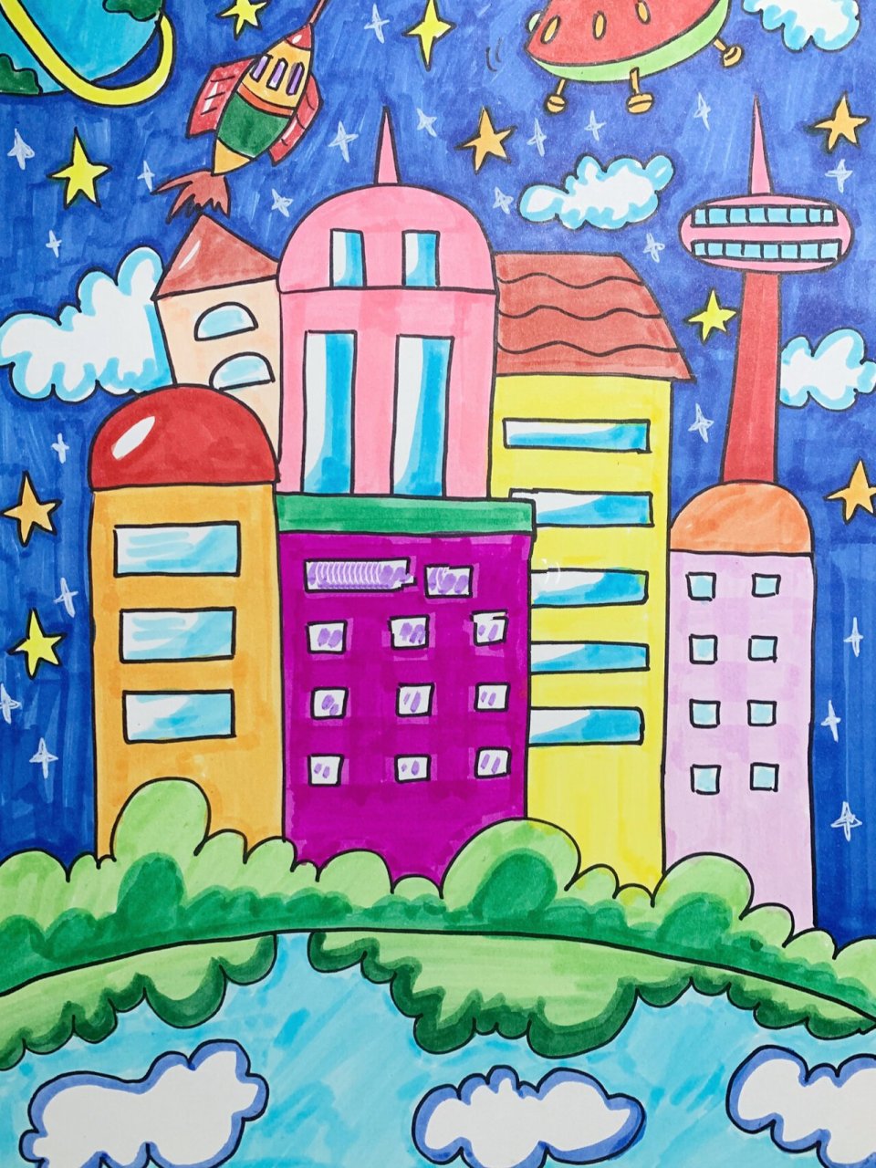 未来城市的建筑城市#科技发展儿童创意画