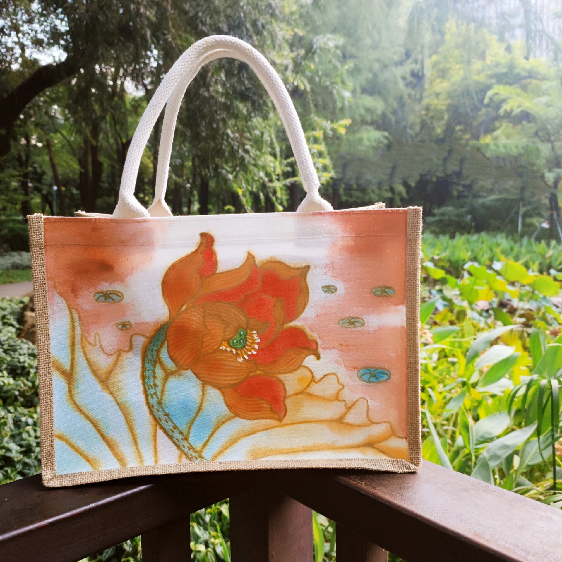 手绘荷花国风包包96