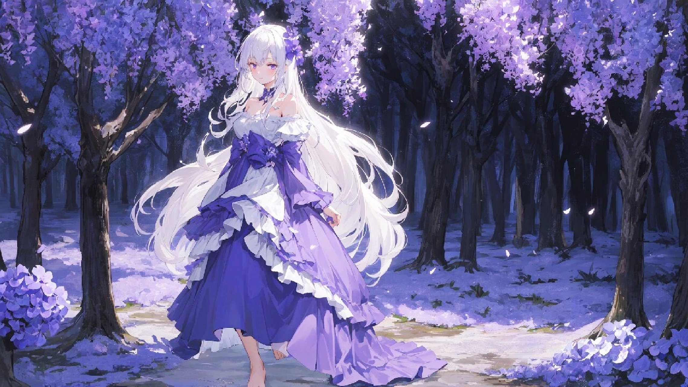 08 银发紫眸的少女,/紫藤花/鸢尾花/蓝楹花,漫步在静谧的林间小道#ai