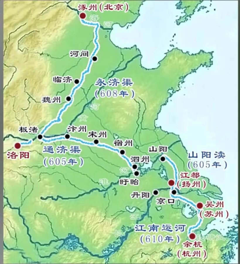 隋唐大运河沟通了黄河,淮河,长江,钱塘江,海河五大水系,是中国古代