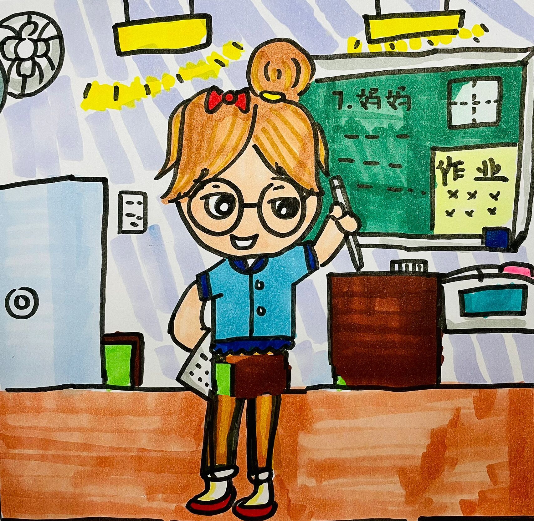 我的老师 小学生二十分钟原创儿童人物画 马克笔小学生原创特定职业