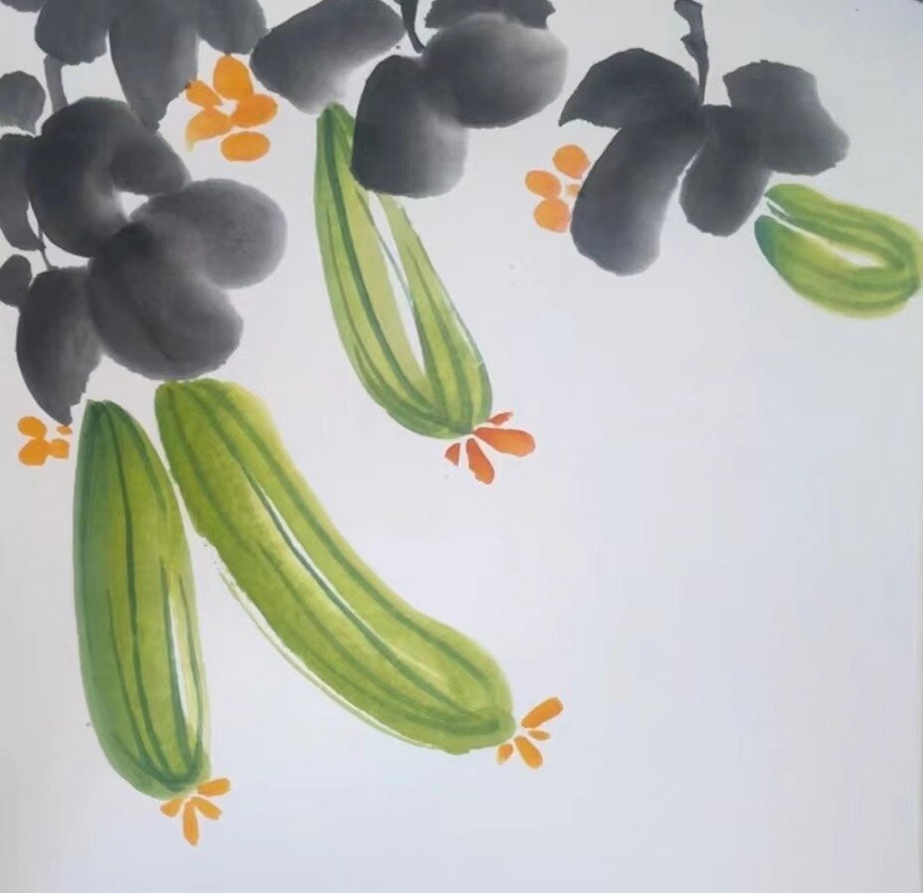 线上美术儿童水墨画|24节气夏至丝瓜教程 适合6岁 小朋友 用大笔调