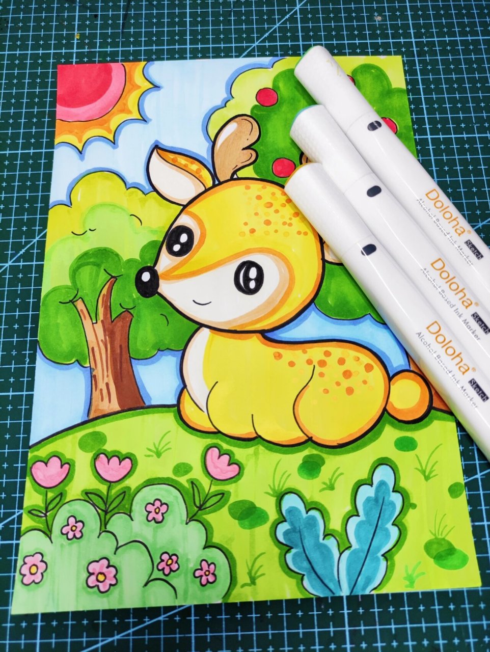马克笔儿童画《萌萌小鹿》附线稿
