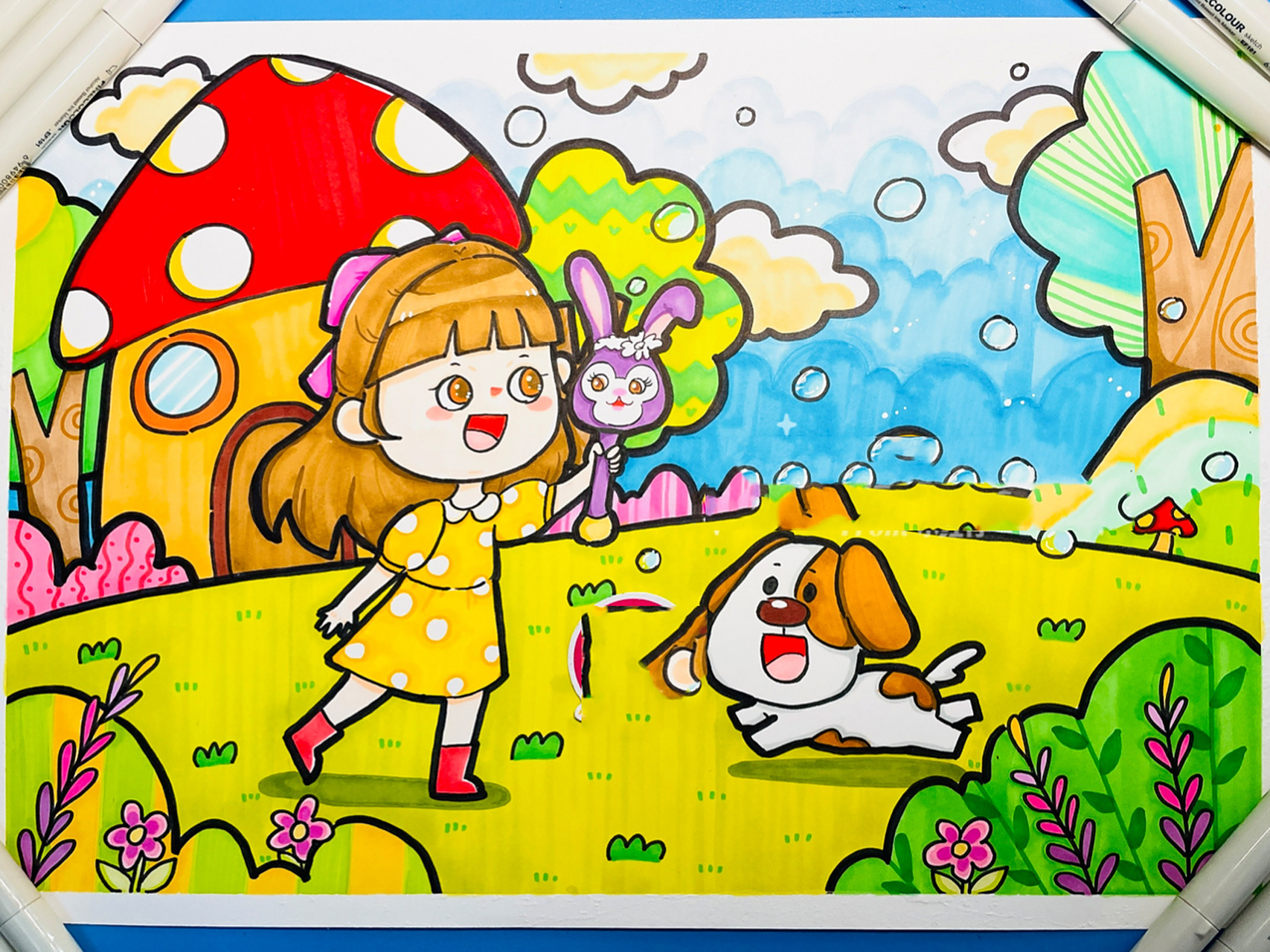 原创马克笔儿童画《郊游吹泡泡》附线稿过程 又是拖了一阵子才画完的