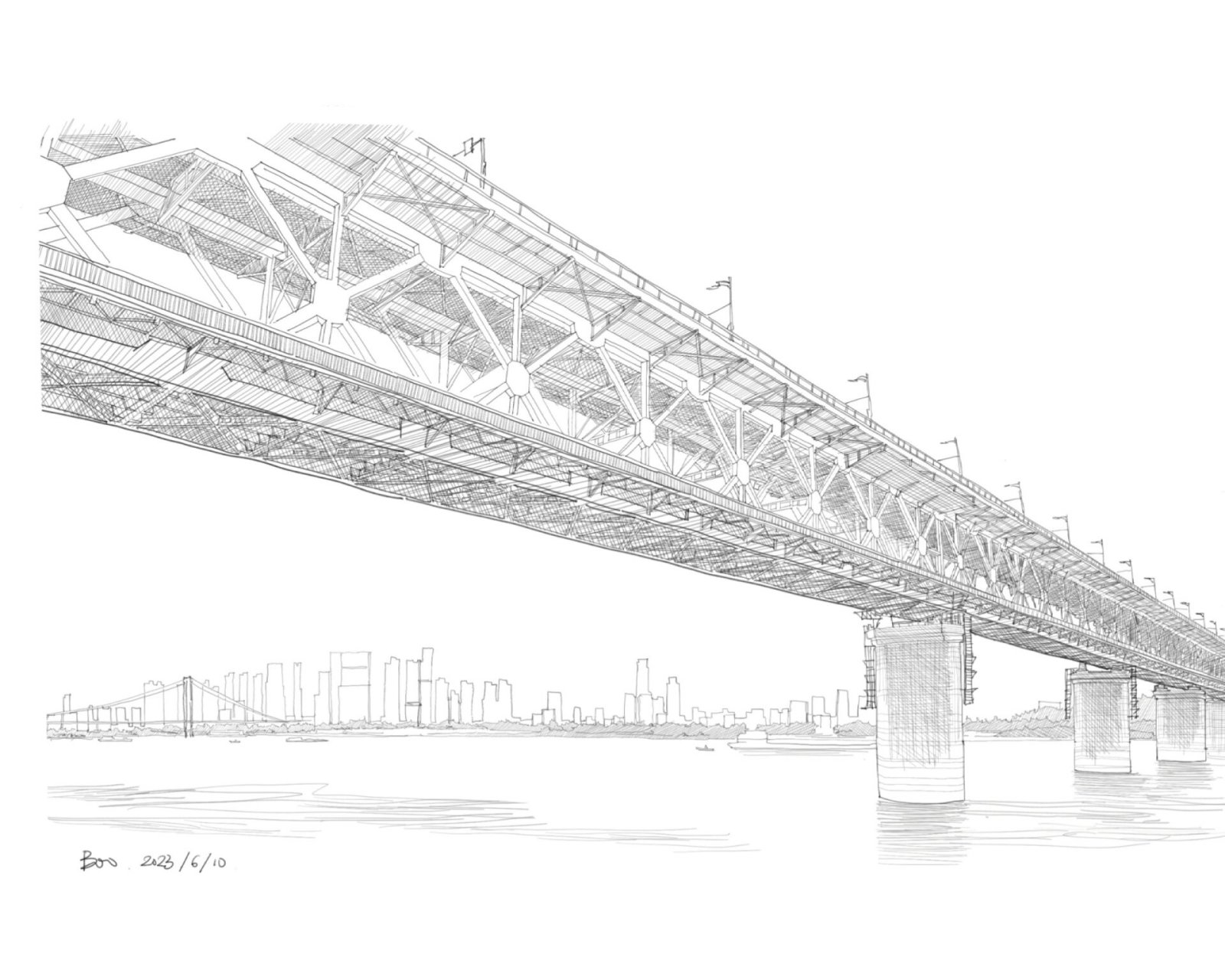 武汉长江大桥手绘图图片