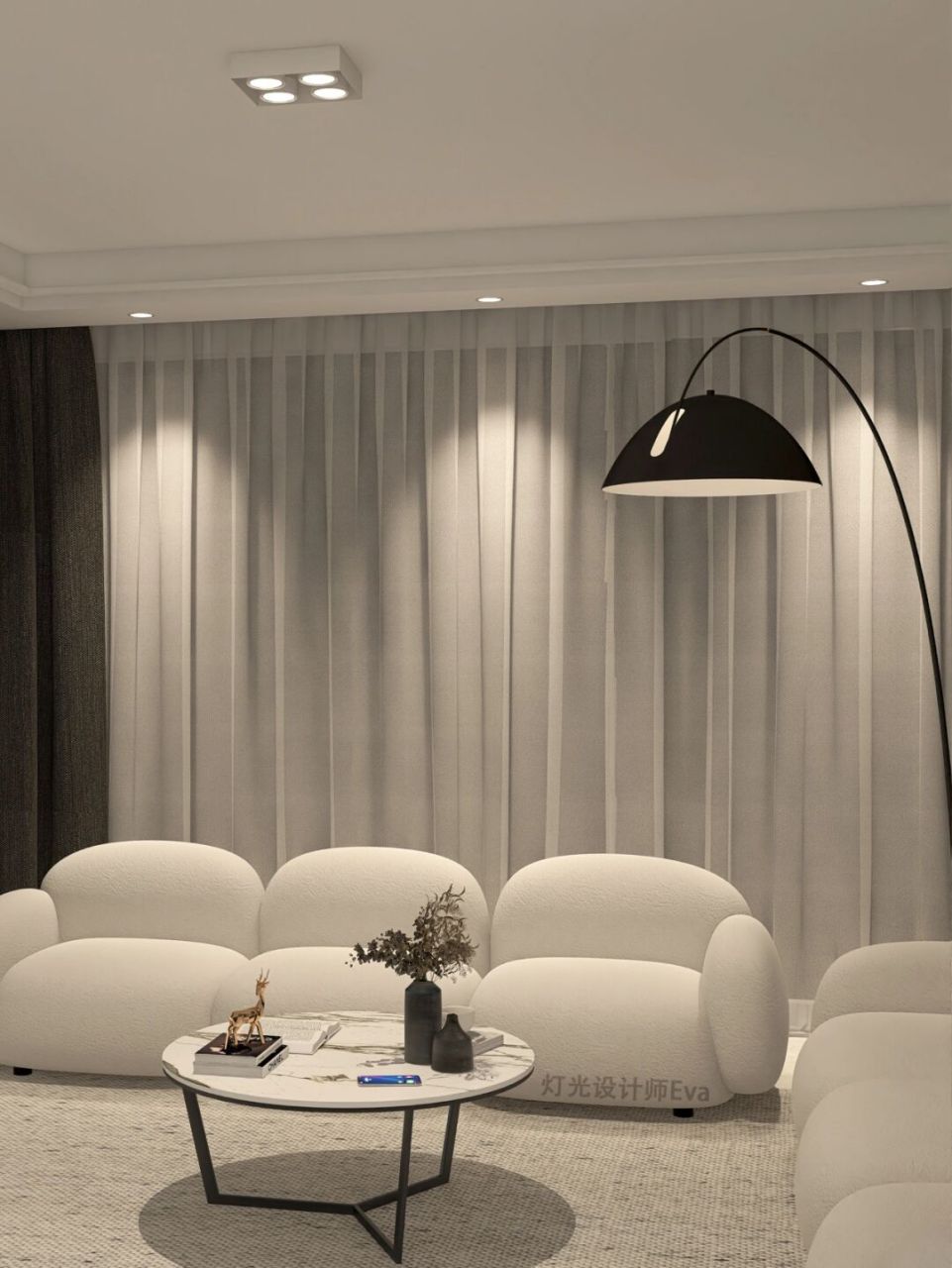 95客厅内搭配了明装射灯 背景墙线性灯 嵌入式射灯 落地灯 95从多