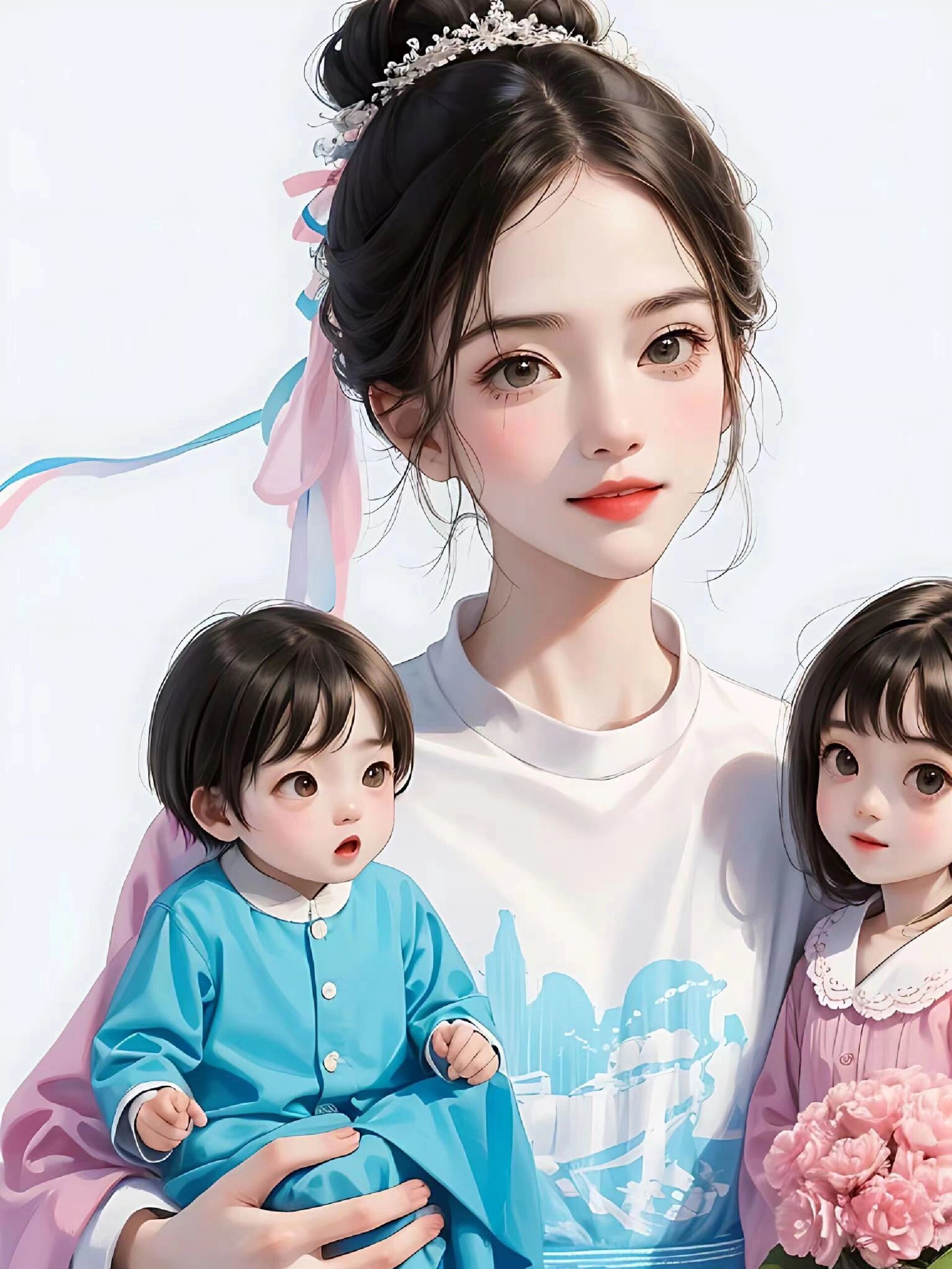 亲子头像|一儿一女祝妈妈节日快乐啦