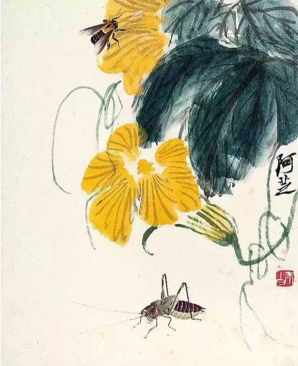 齐白石的一组花鸟小画 齐白石的花鸟鱼虫,常以兼工带写的绘画方法,将