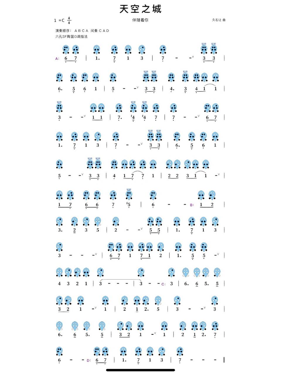 《天空之城》6孔陶笛简谱分享 第一次听这首曲子就喜欢了, 很温柔