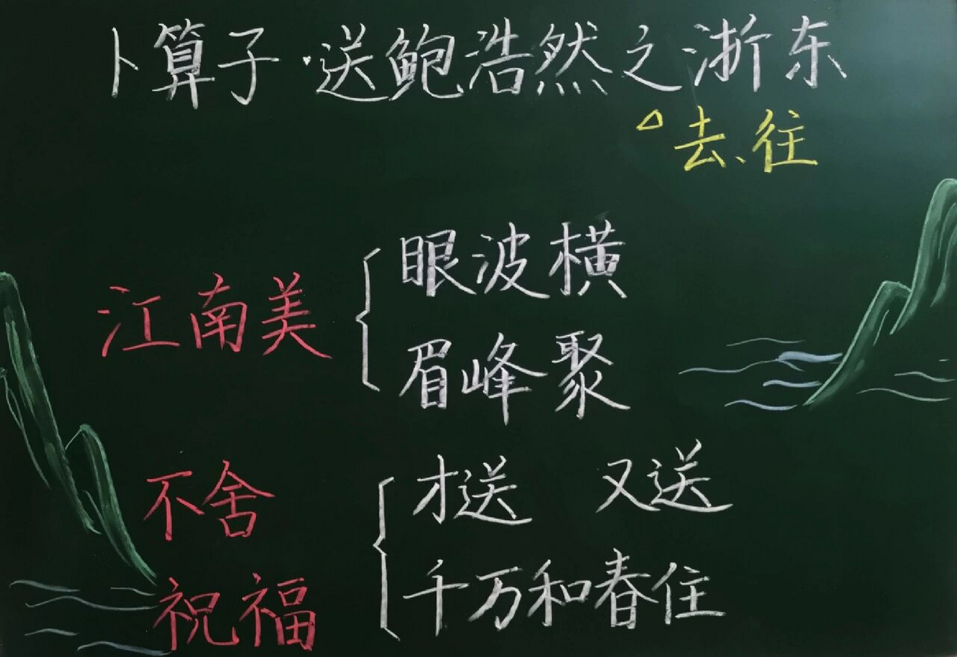 六下《卜算子·送鲍浩然之浙东》板书设计 浅画几座山点缀一下