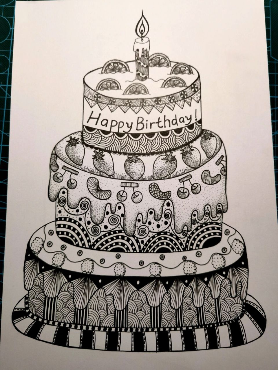 生日蛋糕线描画 黑白装饰画 今天画了一个大蛋糕,一起来为你身边过