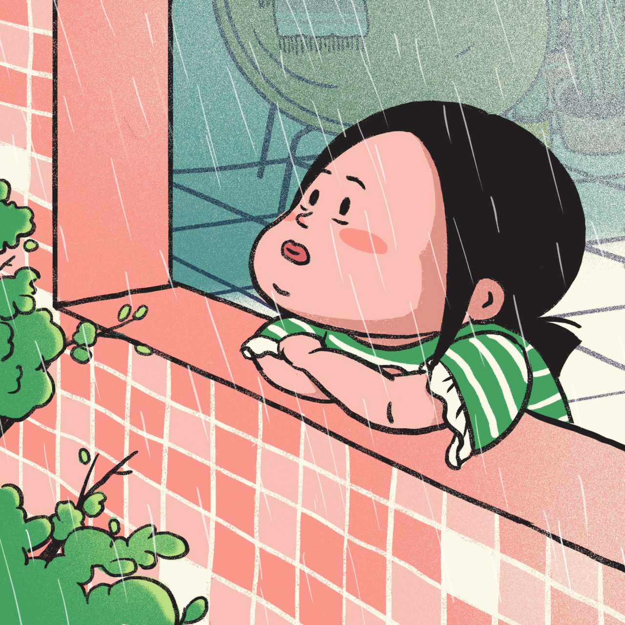 每个下雨天都好想趴在阳台淋淋雨～ #我是原创插画师