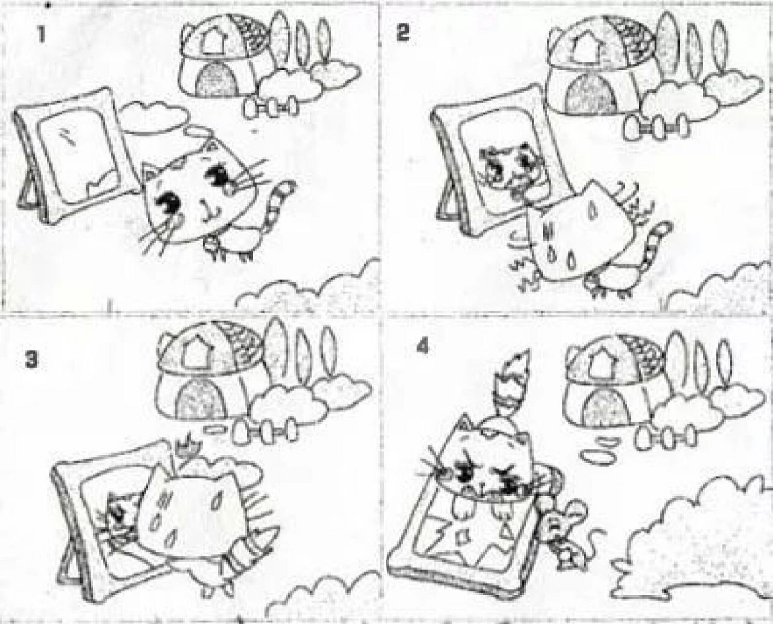 看图写话 小猫照镜子 这天,天气晴朗,风景优美.