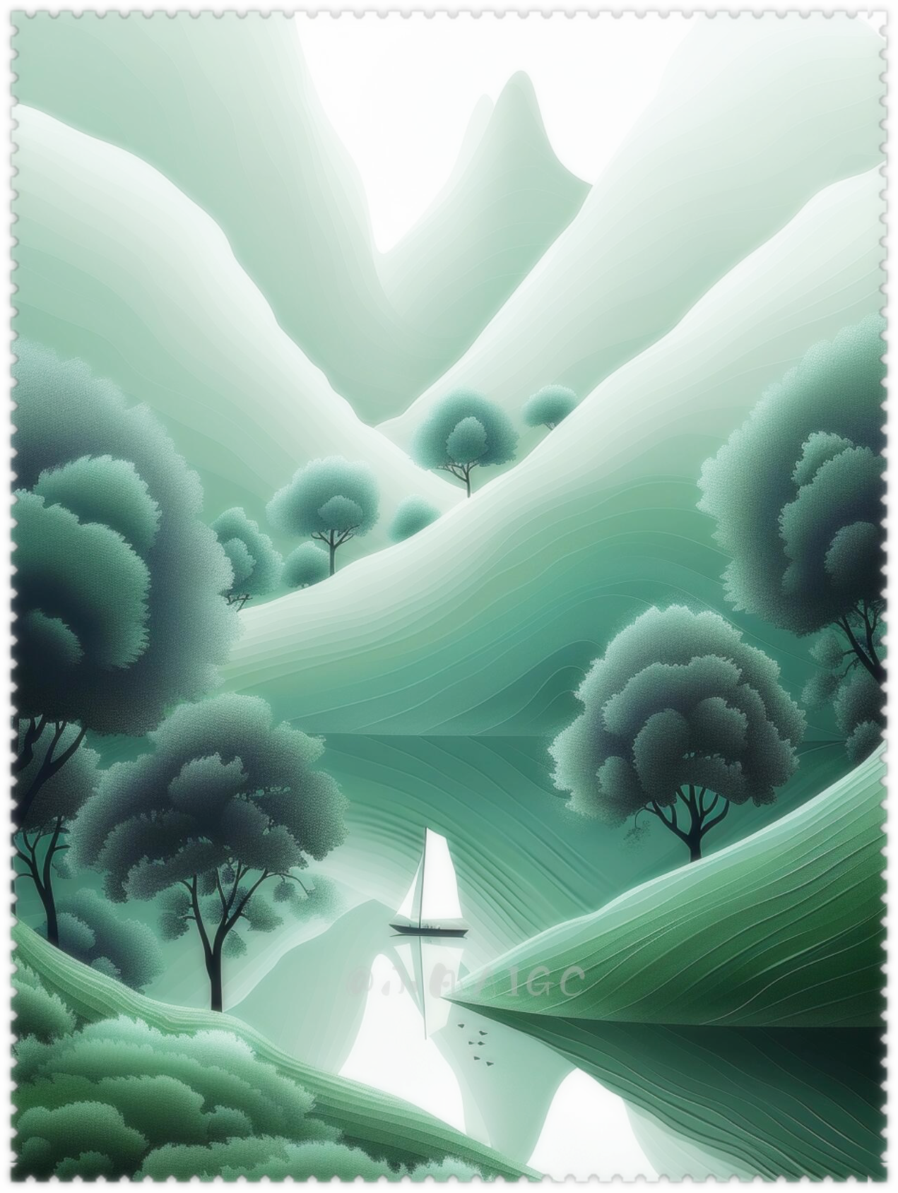 它描绘了青山绿水的美景,山峦起伏,河流蜿蜒,一艘小船静静地漂浮在