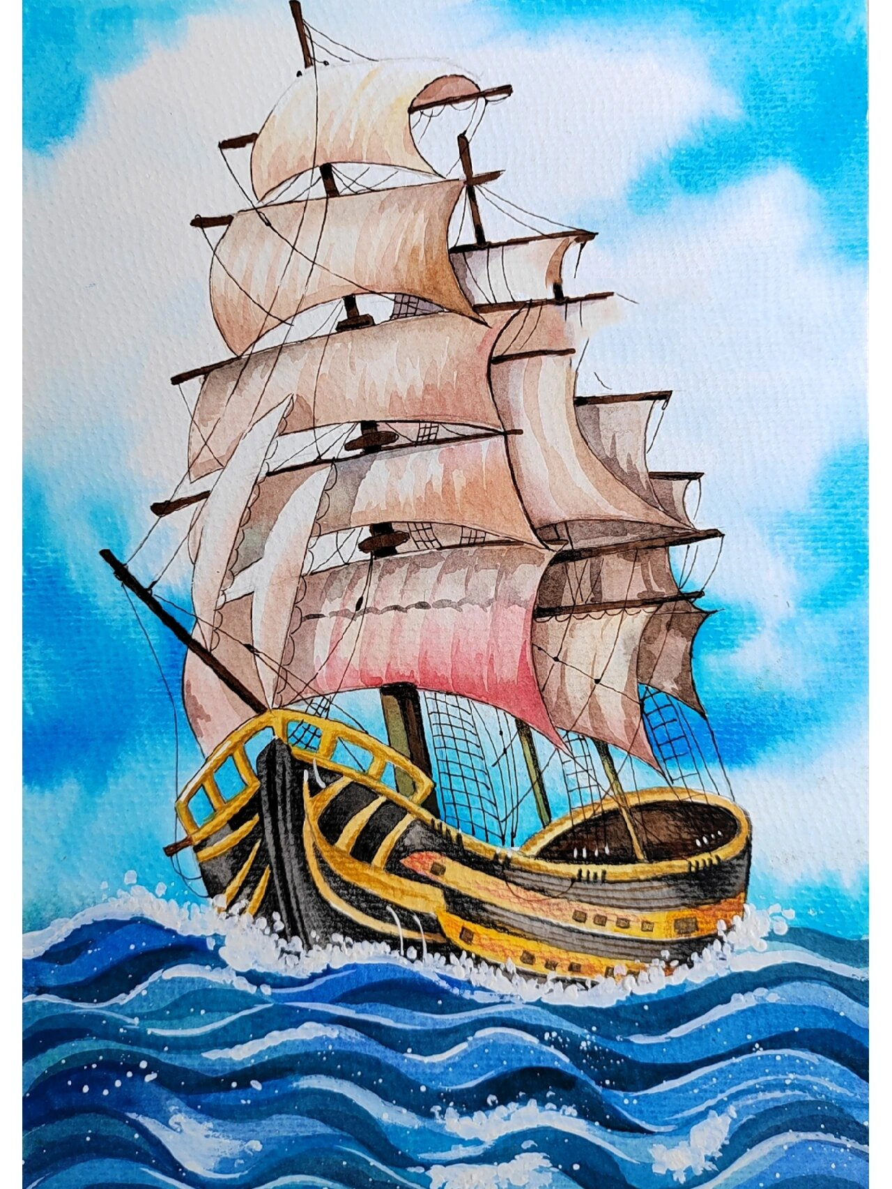 水彩风景画帆船乘风破浪