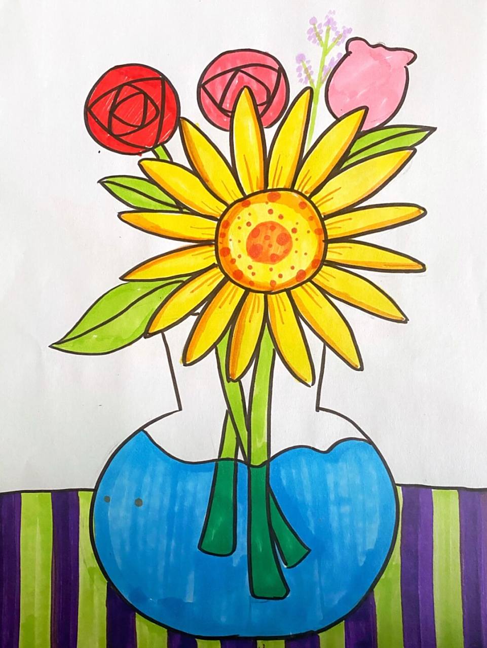 卡通画# #儿童画# #马克笔# #色彩花卉女神节主题画# #花瓶儿童画