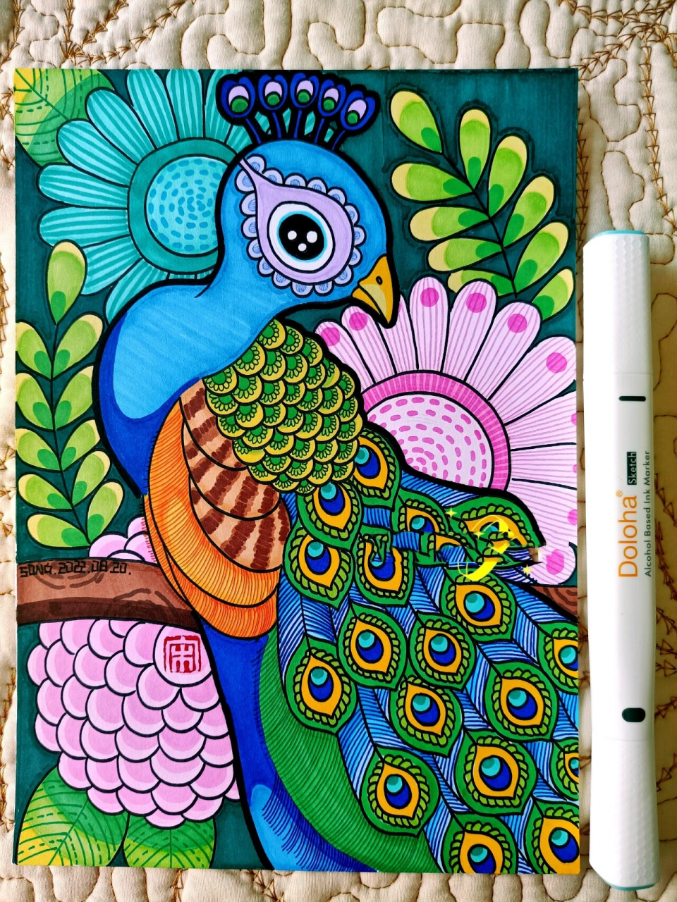 马克笔画-101 美丽的孔雀🦚 原创马克笔画儿童画 美丽的孔雀 孔雀