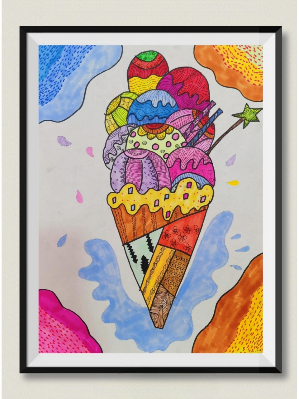 学生画的彩色线描画—夏日冰淇淋 这些都是6到8岁孩子画的彩色创意画