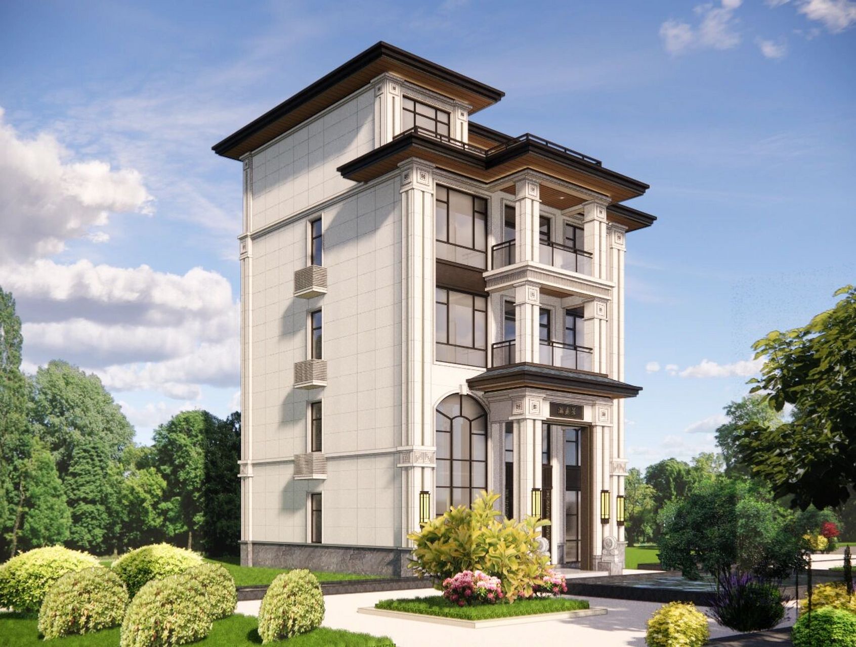 效果图设计 新中式 坚持传统又兼顾现代美感,将传统建筑构件简化成