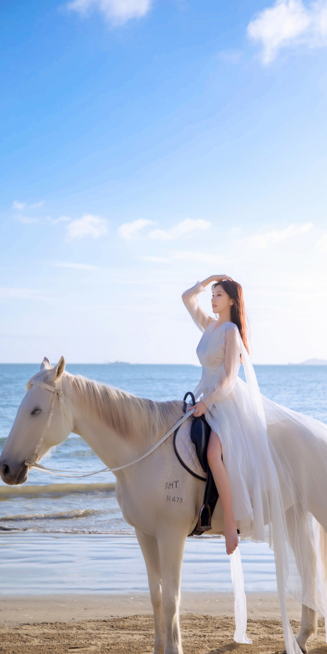 王鹤润,美女配白马海滩美拍写真壁纸