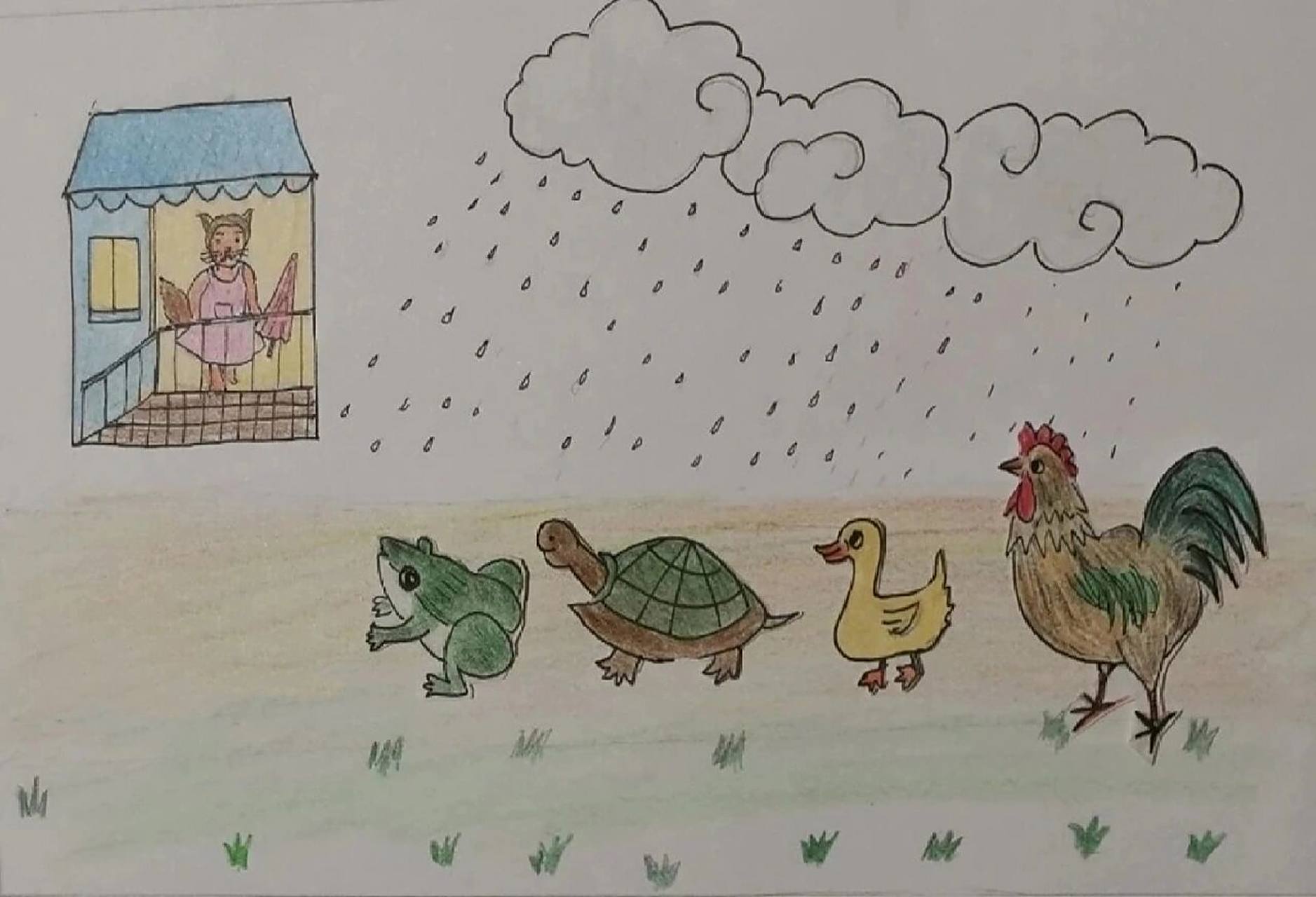 看图写话 小猫送伞 一天中午,狂风大作,天空黑沉沉的,不一会儿大雨就