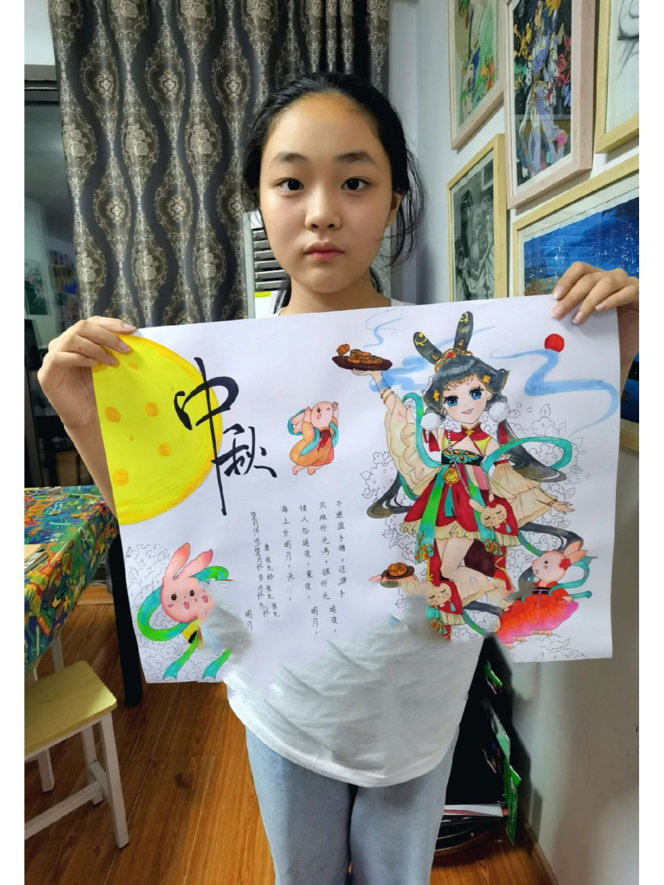 中秋节手抄报|手绘漫画手抄报画报| 之前发了过程图 后续来了 作品