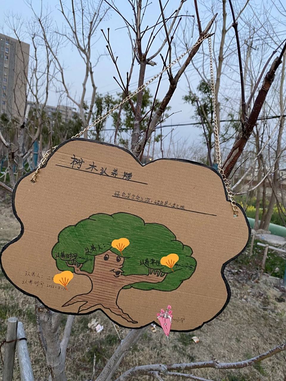 植树节——树木认养牌 就是纸板做的很简单,找出一块纸板画出自己喜欢