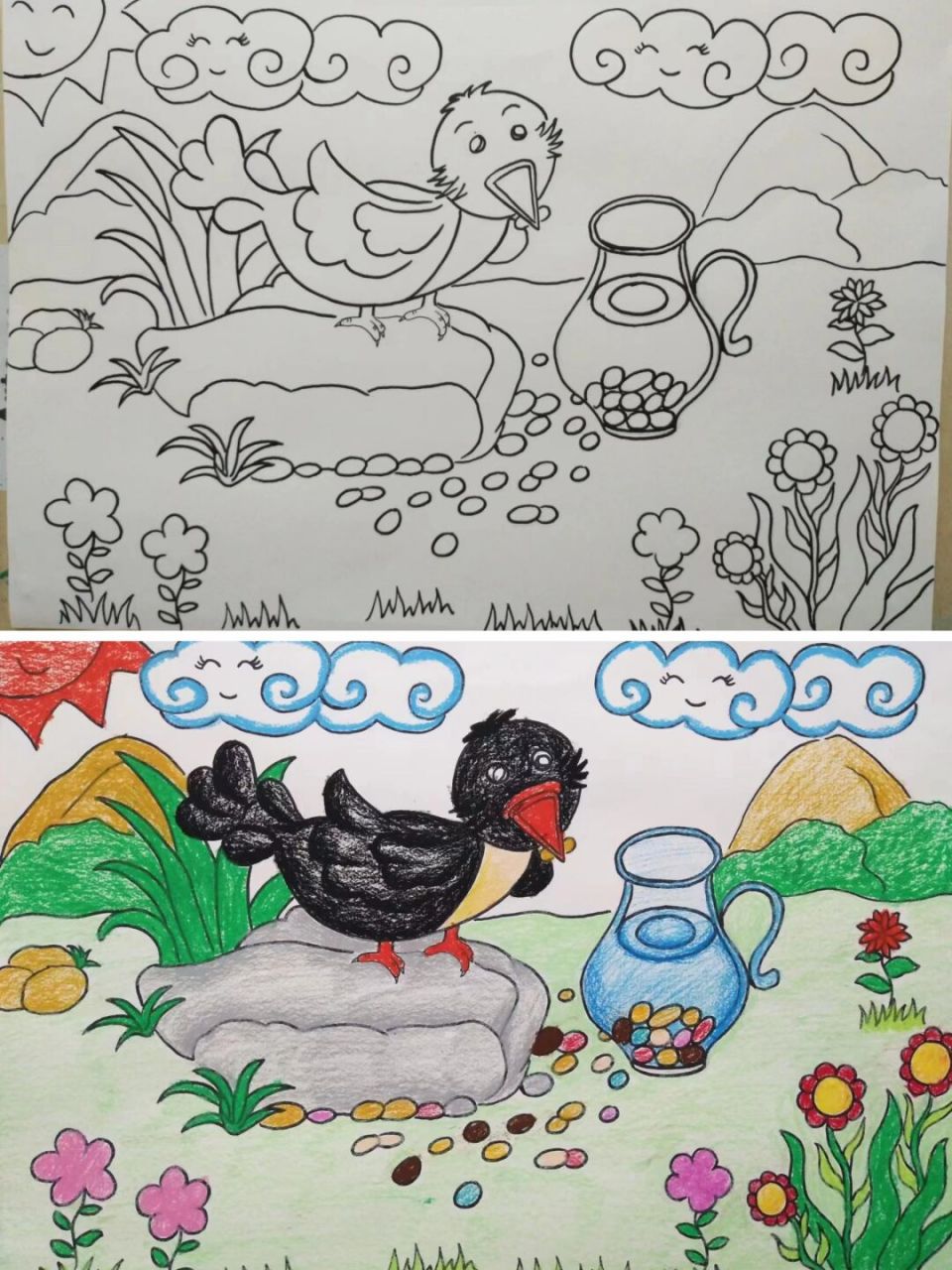 动物主题画|儿童画|寓言故事绘画|乌鸦喝水 #教师招聘美术# #教师招聘