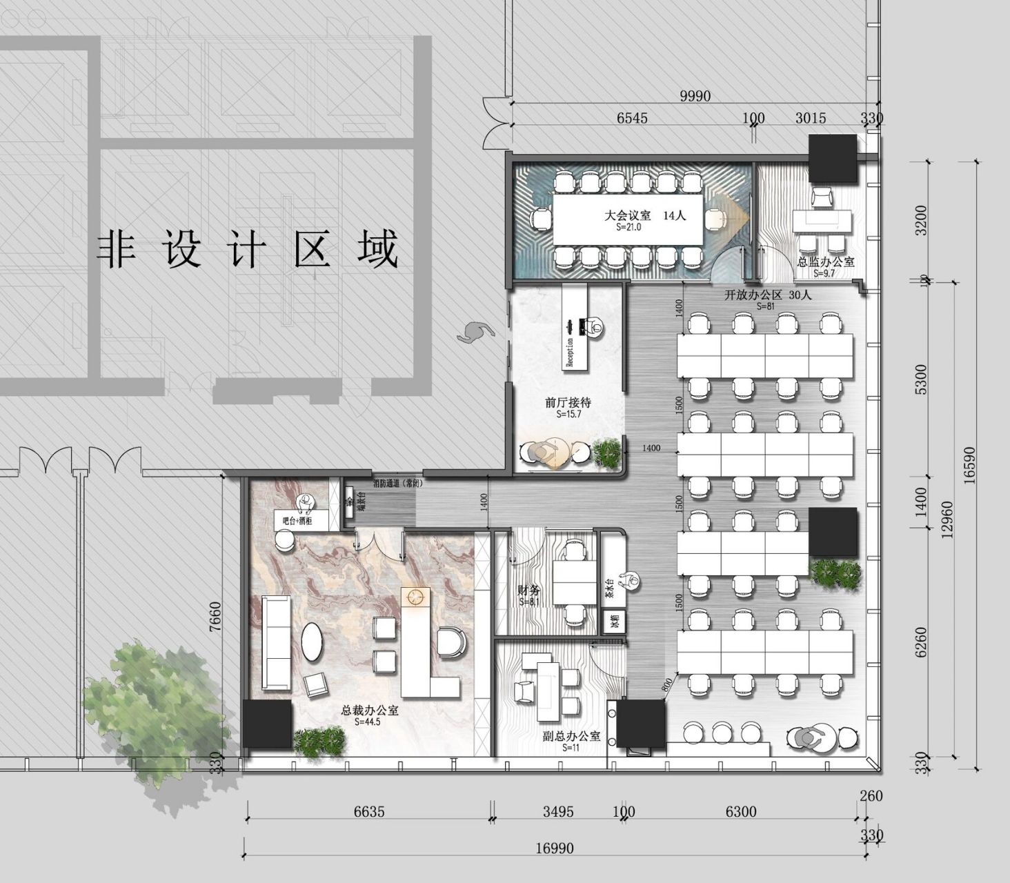 办公室设计|220平办公空间的极致布局方案 一稿通过的平面方案,在效果
