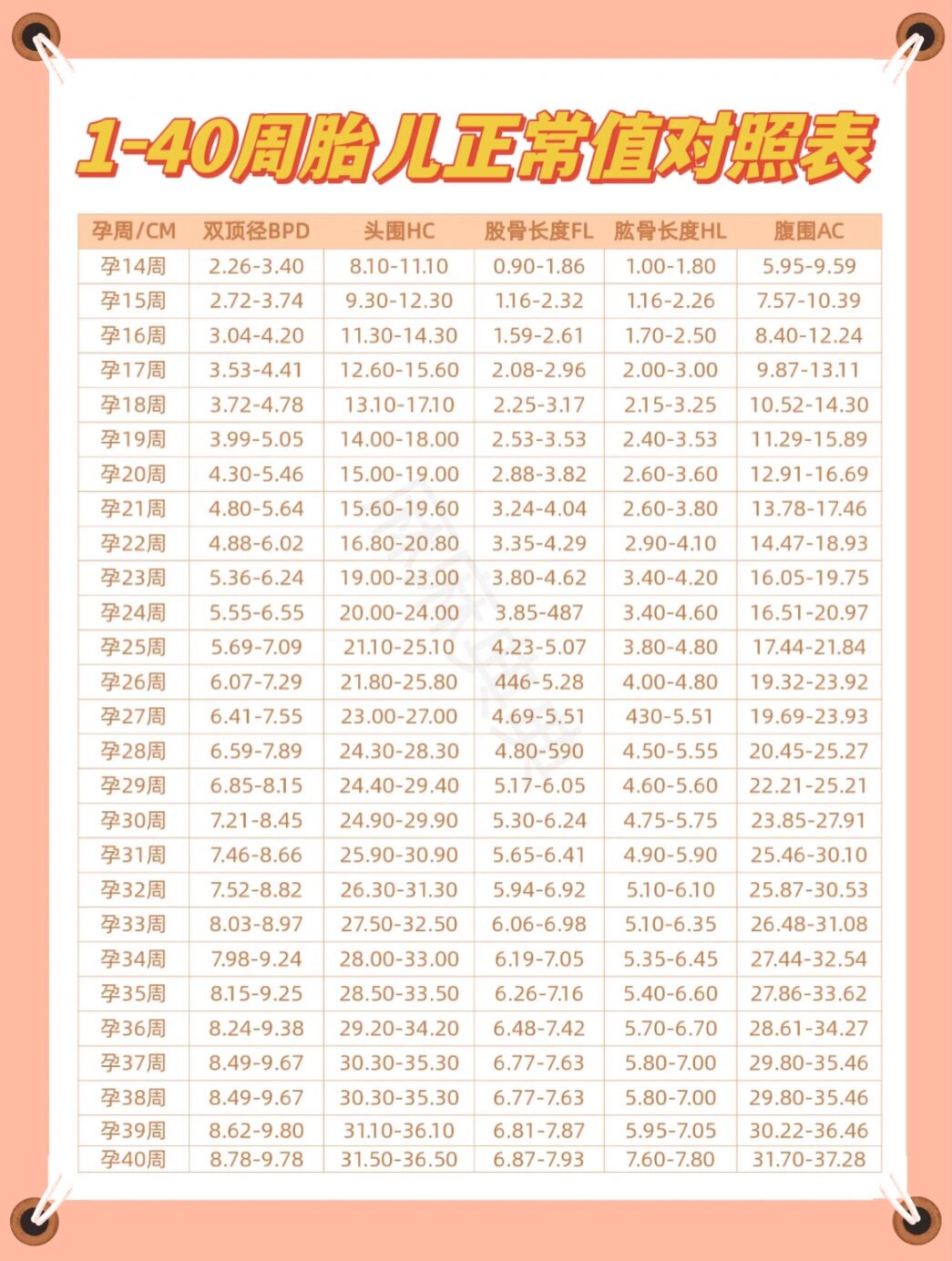 1-40周胎儿正常值对照表