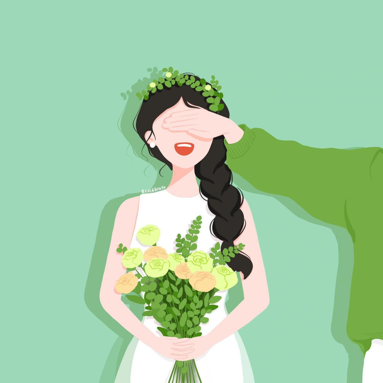 插画头像 | 捧花遮眼的可爱情侣头像 牛油果绿~ 背景多种配色供大家