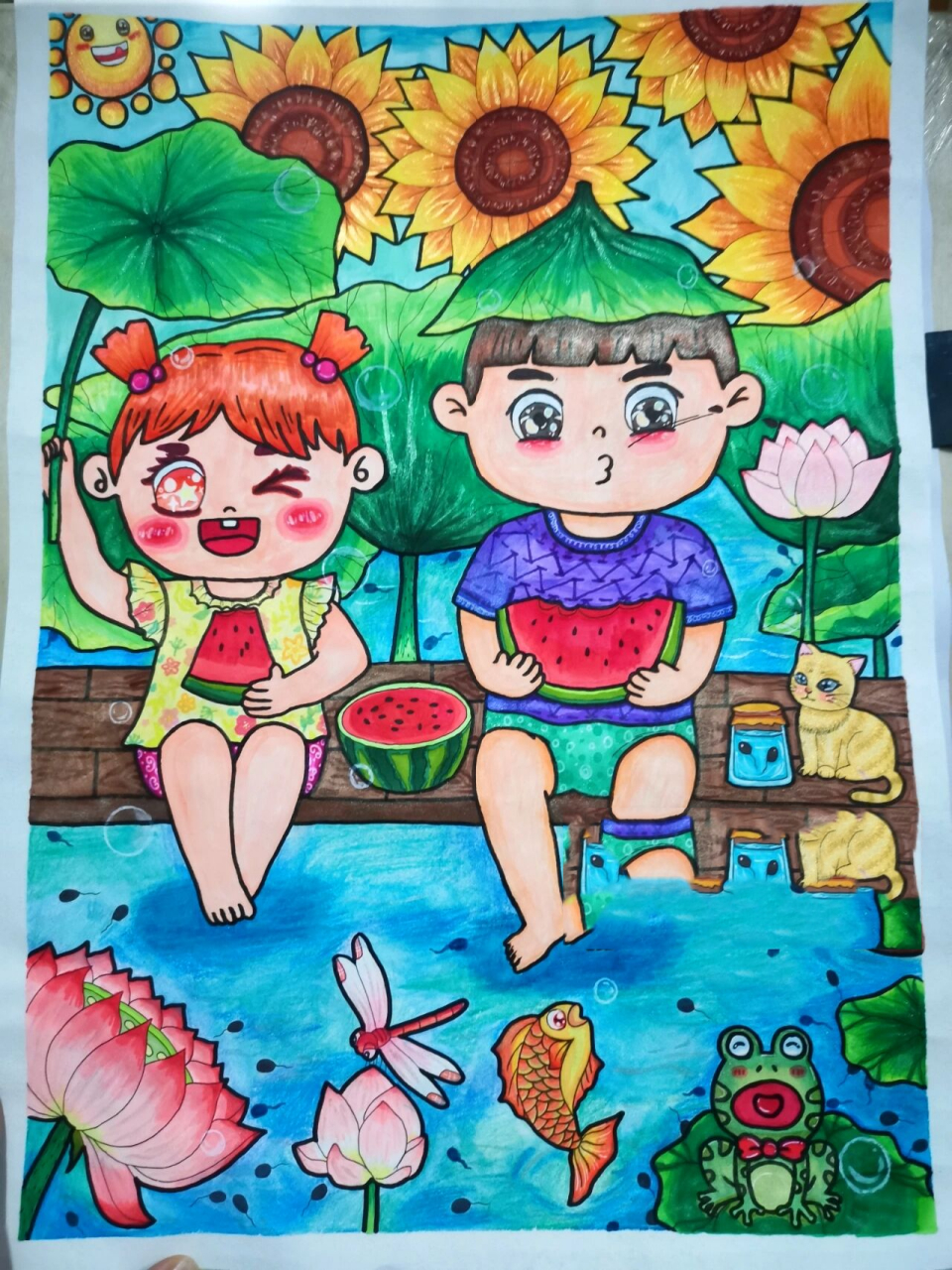 马克笔儿童画-手绘(我喜欢的夏天) 用的马克笔,珠光颜料,彩铅,高光笔.