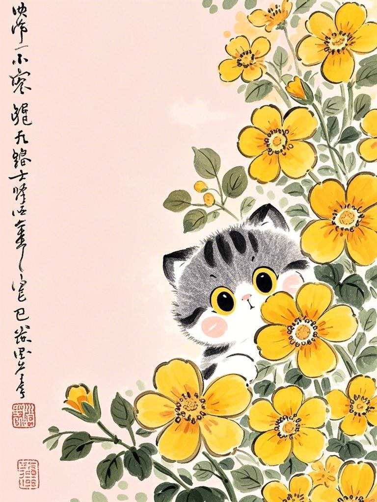 手绘插画,线条插画,q版,乖巧的小猫在右侧的花丛中探头,墨色淡雅