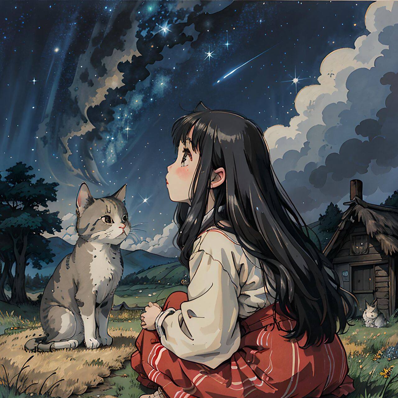 这组少女,猫与星空的女生头像,展现了女孩们在星空下与猫咪共同欣赏