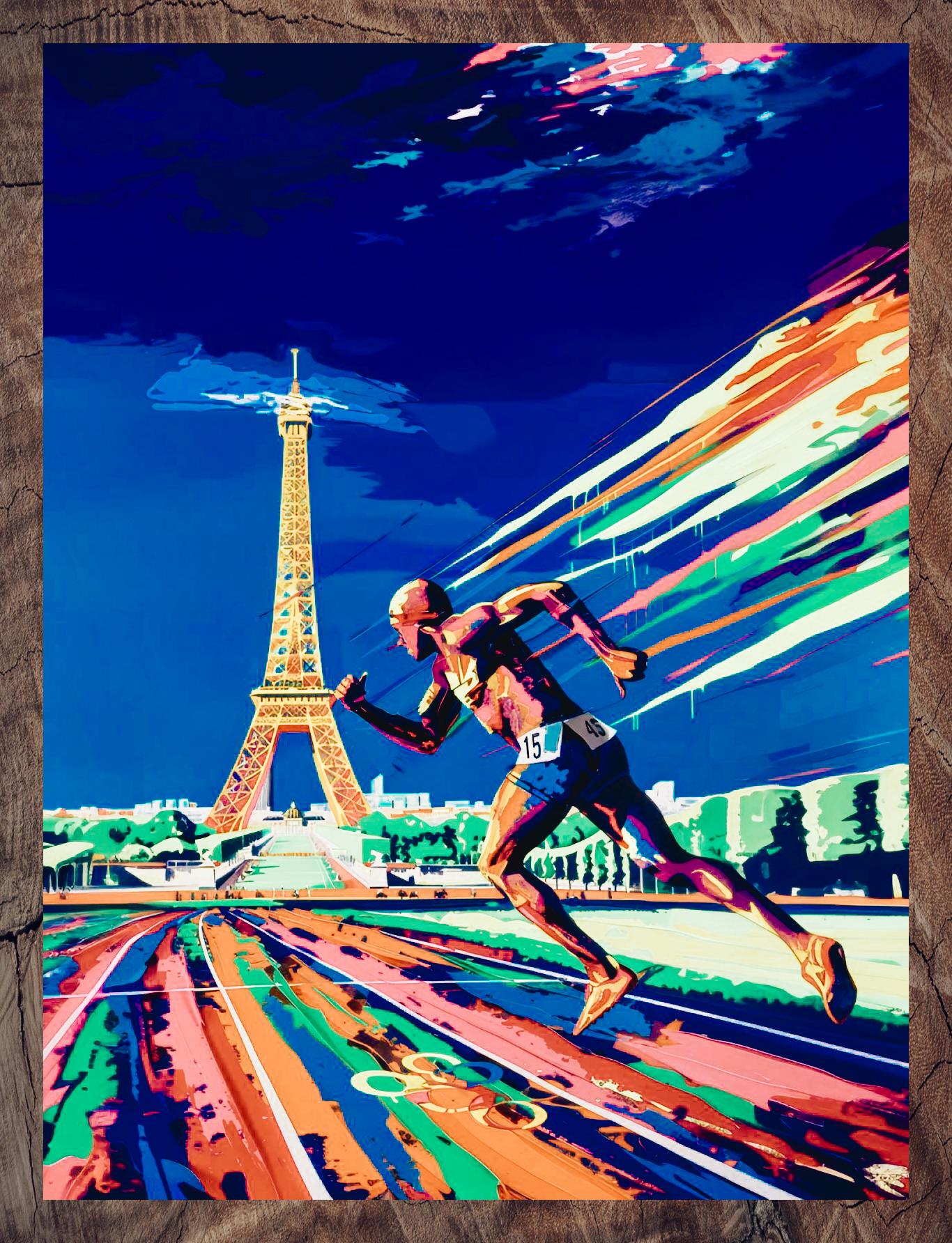 运动员们在蓝,绿,紫的彩虹跑道上尽情飞驰,背景中那座高耸的埃菲尔