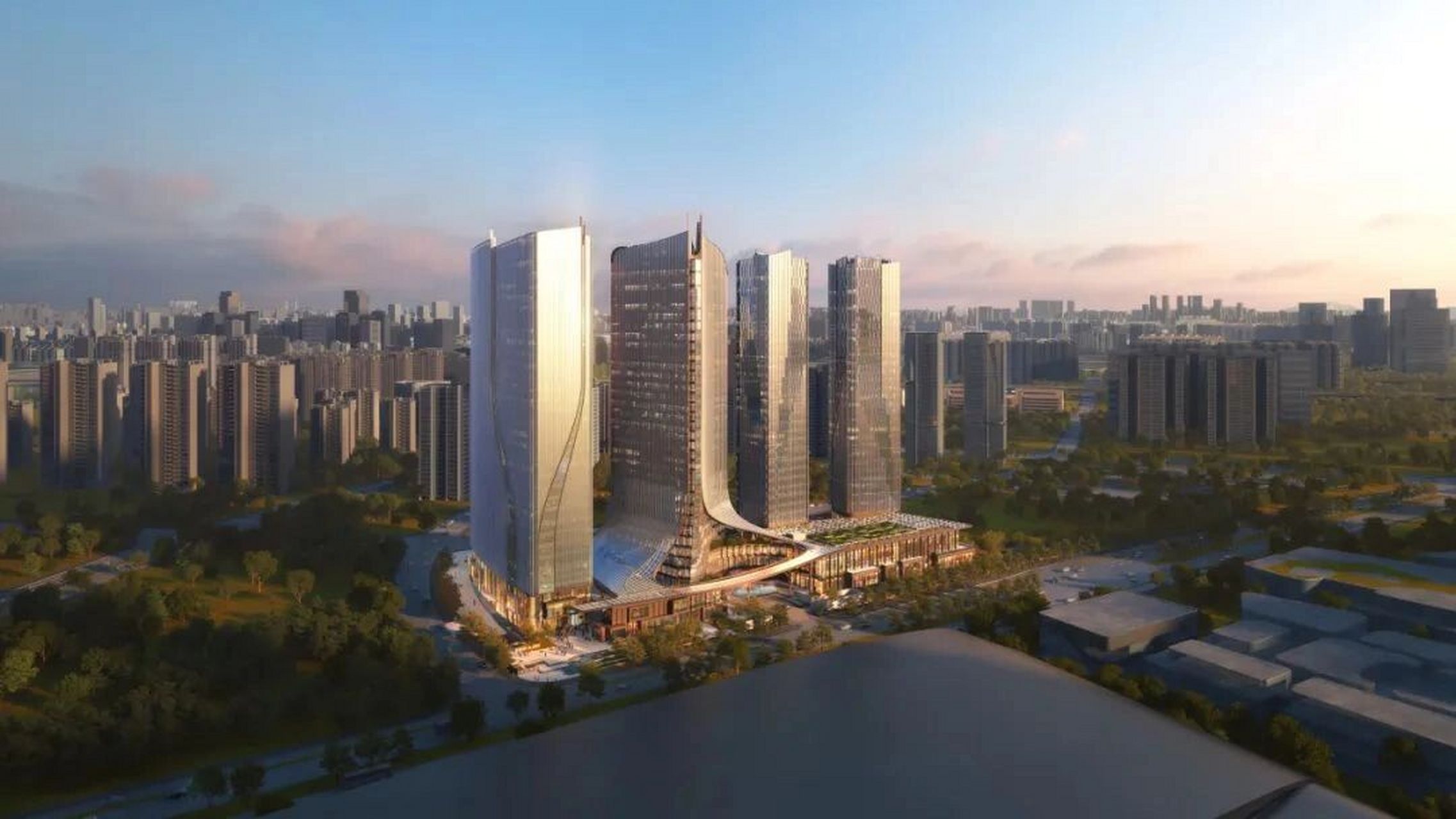 簇拥着2023年杭州亚运会建筑群奥体中心,杭州世纪中心"杭州之门"
