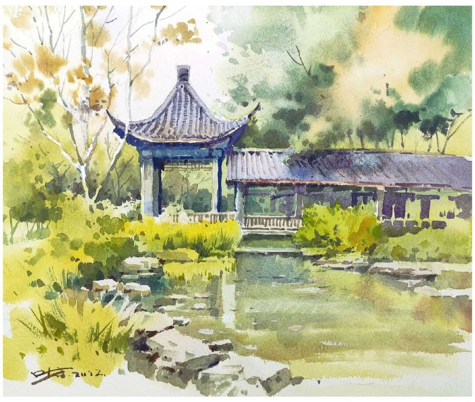 【叶方水彩】湖中小亭 遵爵八开中纹水彩本