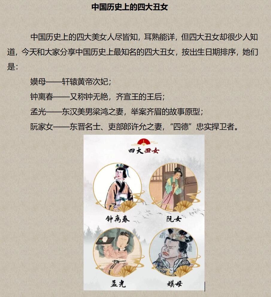历史上最知名的四大丑女,按出生日期排序,她们是嫫母