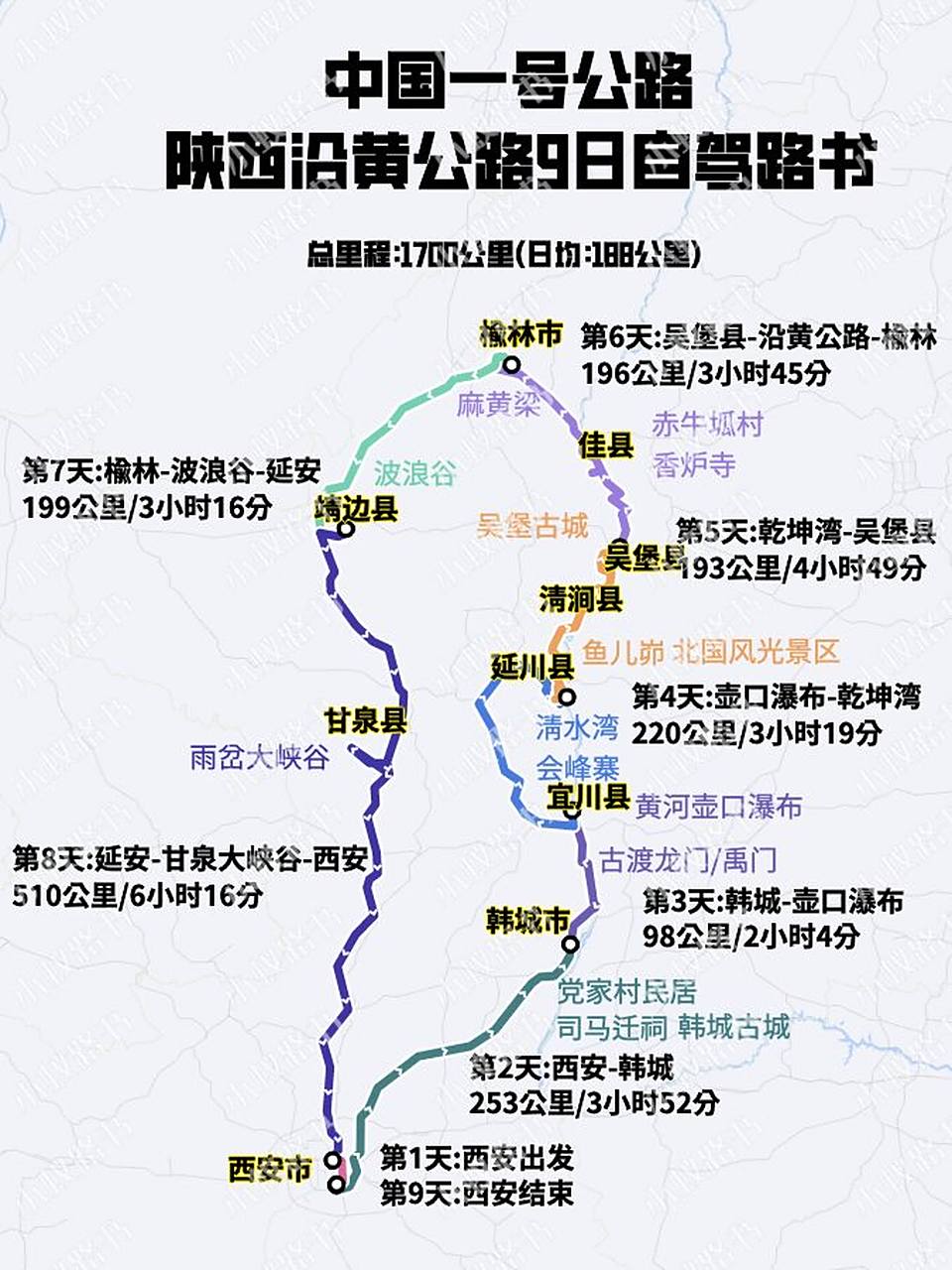陕西自驾游路线~ 西安出发~ 这张路线图还配着更详细的《路书》,每天