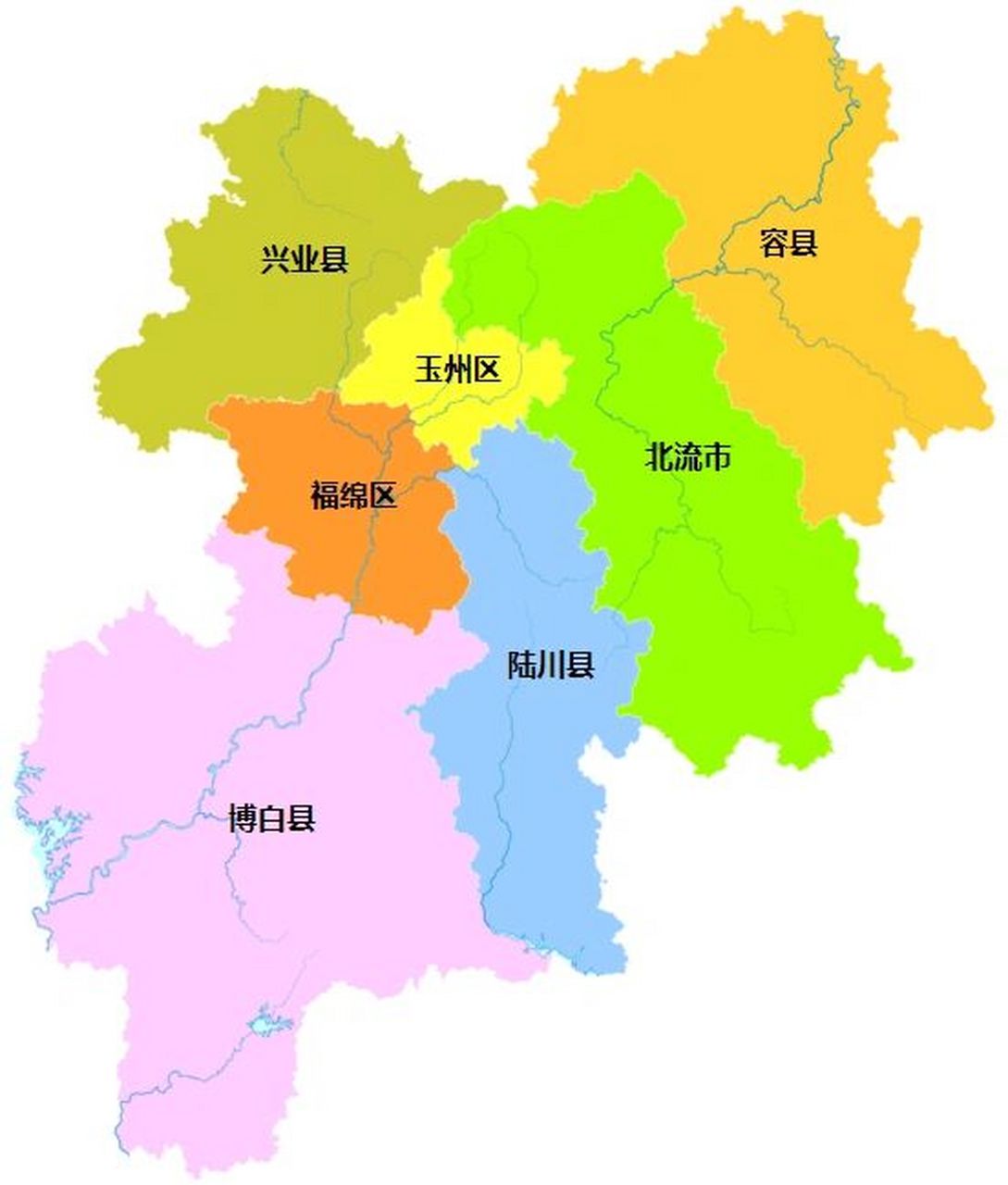 玉林全市划分为 2个区:玉州区,福绵区; 4个县:容县,陆川县,博白县